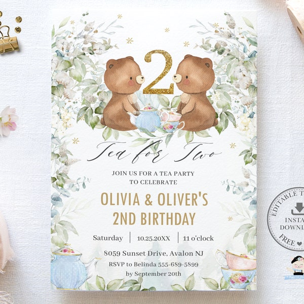 Teddy Bear Tea Party Greenery Invitation EDITABLE TEMPLATE, Tea for Two 2nd 1st First Birthday Invite Printable PDF, Instant Download, TB8