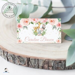 MODELLO MODIFICABILE, Segnaposto animali della giungla, Tenda piegata Safari Rosa Floreale Verde Ospite 1° Compleanno Baby Shower Stampabile, INSTANT JA6