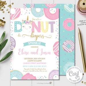 Donut and Diapers Baby Sprinkle Invitation Donut Unicorn Invitation Donut Baby Shower Girl Donut Printable Digital EDITABLE TEMPLATE DT1 image 2