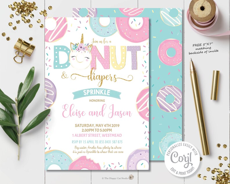 Donut and Diapers Baby Sprinkle Invitation Donut Unicorn Invitation Donut Baby Shower Girl Donut Printable Digital EDITABLE TEMPLATE DT1 image 2