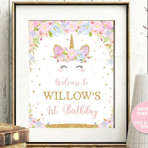 Unicorn Birthday Welcome Sign, EDITABLE TEMPLATE, INSTANT Download, Unicorn Baby Shower Welcome Poster Decor, 1st Pdf Unicorn Printable, UB2