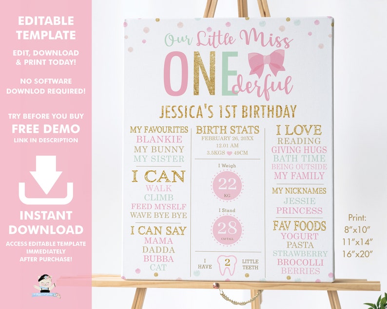 Lilla Fröken ONEderful 1-årsdagsmilstolpeskylt, REDIGERINGSBAR MALL, Rosa rosetter flickas första födelsestatistik affischdekor PDF DIREKT Nedladdning MO2 bild 3