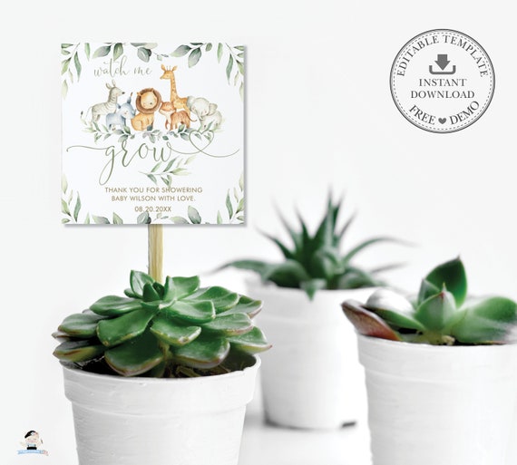 EDITABLE TEMPLATE Jungle Animals Watch Me Grow Square Tags, Greenery Succulent Thank You Favors Gift Printable Neutral Baby Shower Pdf, JA5 Il_570xn