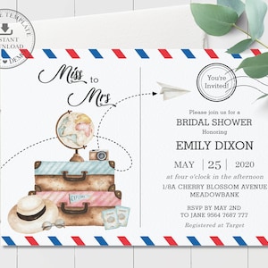 Miss to Mrs Bridal Shower Invitation, MODÈLE MODIFIABLE, Carte postale Voyage Inviter Imprimable, Aventure Valise Bagages, Téléchargement INSTANTANÉ, PC1