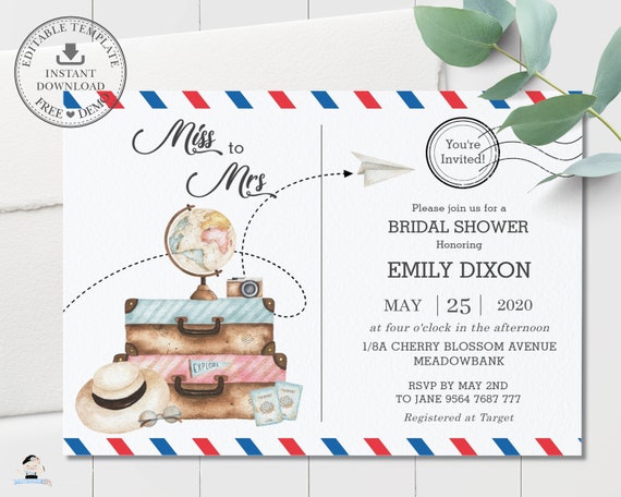 Miss to Mrs Bridal Shower Invitation, EDITABLE TEMPLATE, Postcard Travel Invite Printable, Adventure Suitcase Luggage, INSTANT Download, PC1 Il_570xn