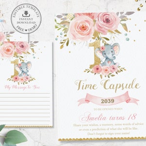 Elefant Blush Floral Time Capsule Zeichen Nachricht Karte, EDITIERBARE VORLAGE, schicke erste 1. Geburtstag Aktivität druckbar, SOFORTIGER Download PK2