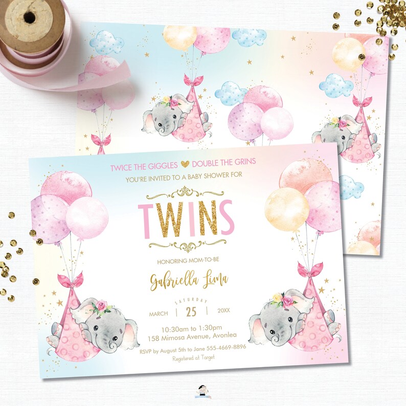 Twins Elephant Baby Shower Invitation INSTANT Download Twin Etsy
