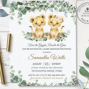 Twins Lion Cubs Baby Shower Invitation, INSTANT Download, Chic Greenery Cute Twin Boy Girl Baby Lions, Jungle Diy Pdf EDITABLE TEMPLATE, LN3