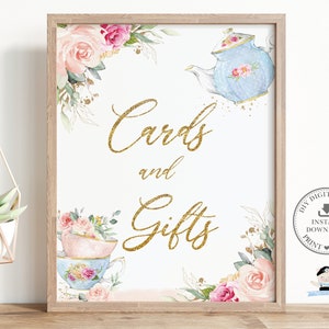 Karten und Geschenke Schild, INSTANT DOWNLOAD Vintage Teetassen Teekanne Rosa Blush Floral High Tea Party Baby Shower Geburtstag DIY PDF Printable, TP5