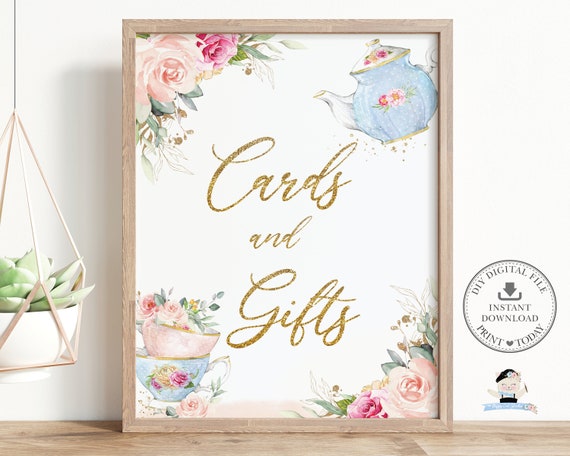 Cards and Gifts Sign, INSTANT DOWNLOAD, Vintage Tea Cups Teapot Pink Blush Floral High Tea Party Baby Shower Birthday Diy PDF Printable, TP5 Il_570xn