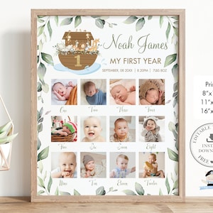 Noahs Arche Greenery 1. Geburtstag Erstes Jahr Foto Meilenstein Zeichen, EDITIERBARE VORLAGE, Geburt Stats niedliche Tiere Neutral, SOFORTIGER Download, NA1