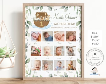 Puede incluir: Un collage de fotos imprimible para el primer año de un bebé con un tema del Arca de Noé. El collage incluye 12 espacios para fotos mensuales, con un borde de hojas verdes y un número uno dorado en el arca. El texto dice "Noah James, Mi primer año, septiembre 08 20XX, 8:20PM, 7LBS 8OZ".