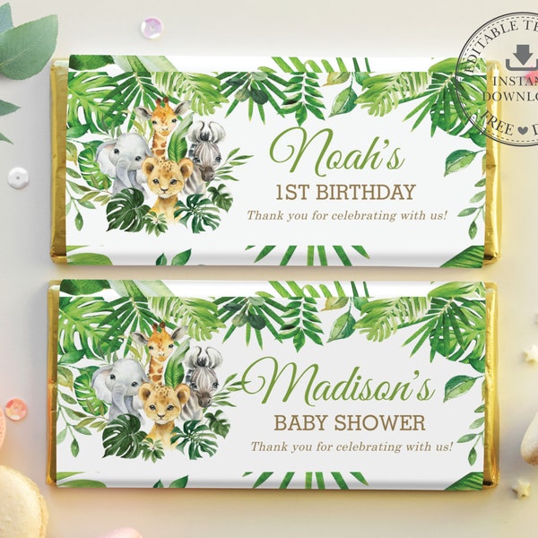 EDITABLE TEMPLATE Jungle Animals Greenery Lion Elephant Baby Shower 1st Birthday Chocolate Bar Wrappers Hershey Aldi Favor Printable Diy JA7