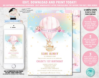 Bunny Rabbit Invitation, Bunny Hot Air Balloon Girl First 1st Birthday Invite, Cute Bunny Printable Diy Pdf INSTANT EDITABLE TEMPLATE, HB6