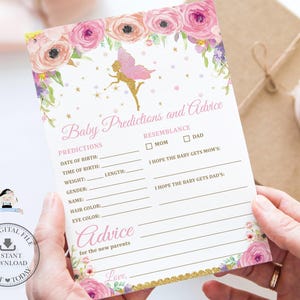 Babyförutsägelser och rådskort DIREKT NEDLADDNING Fe Pixie Rosa Blommig Roliga Feer Baby Shower Spelaktivitet Digital Utskrivbar Fil FF3