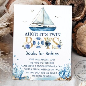 Carte nautique Apportez des livres pour bébés TÉLÉCHARGEMENT INSTANTANÉ Chic Bateau Ocean Ahoy C’est Twin Boys Baby Shower Insert Imprimable INSTANT Télécharger NT2
