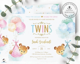 Twins Baby Bears Baby Shower Invitation, INSTANT Download, Whimsical Cute Teddy Bear Twin Boy Girl Balloons, Diy Pdf EDITABLE TEMPLATE, TB5