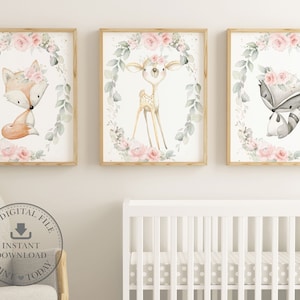 Woodland Animals Nursery Wall Art, Cute Adorable Deer Fox Raccoon Printable Floral Baby Girl, Whimsical Kids Decor Pdf INSTANT DOWNLOAD WG10