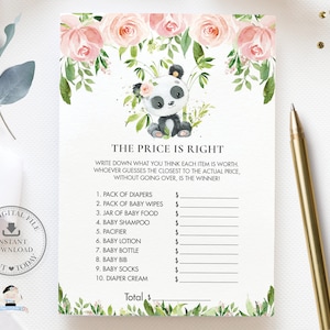 Le prix est juste Jeu, TÉLÉCHARGEMENT INSTANTANÉ, Rose Floral Mignon Panda Ours Baby Shower Devinez les prix Quiz Carte Activité Amusante Diy PDF Imprimable PA2