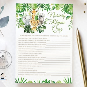 Quiz sulla filastrocca, DOWNLOAD immediato, Indovina la canzone Animali della giungla Verde Genere neutro Baby Shower Gioco di carte Attività Fai da te PDF stampabile JA7