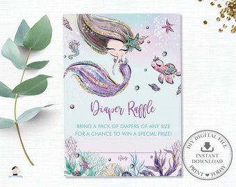 May include: A printable diaper raffle card with a mermaid illustration. The card has a light blue background with a purple and gold glitter mermaid tail. The text on the card reads "Diaper Raffle" and "Bring a pack of diapers of any size for a chance to win a special prize!"