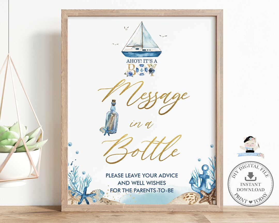 Message in a Bottle Sign INSTANT DOWNLOAD Nautical Blue Boat Ahoy It's a Boy Baby Shower Advice ...
