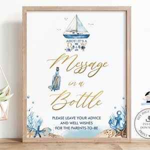 Boodschap in een fles-bord INSTANT DOWNLOAD Blauwe nautische boot Ahoy It's a Boy Babyshower Advies Goede wensen Leuk spelactiviteit Afdrukbaar NT2