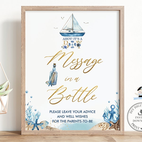 Message in a Bottle Sign INSTANT DOWNLOAD Nautical Blue Boat Ahoy It's a Boy Baby Shower Advice Well Wishes Fun Game Activity Printable NT2