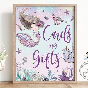 Süße Meerjungfrau Karten und Geschenke Zeichen Printable INSTANT DOWNLOAD Whimsical Purple unter der Meeresschildkröte Pool Geburtstags-Babyparty MT2