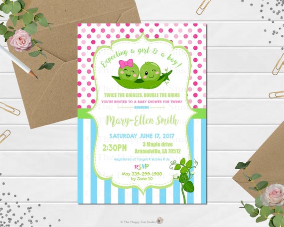 Peas in a Pod Baby Shower Invitation, Twins, Baby Girl, Baby Boy, Invite, Personalized, Pea, Cute, Pink, Green, Polka, Digital File, Print Il_570xn