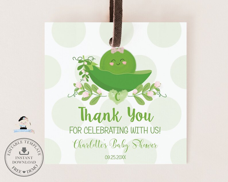 Op de afbeelding: Groen en wit bedankkaartje met een cartoon peul en de tekst "Bedankt voor het vieren met ons! Baby Shower van Charlotte 09.25.20XX"