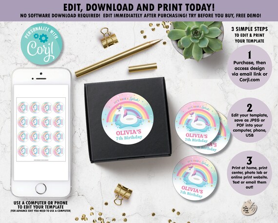 Unicorn Pool Party 2 Circle Labels Stickers Unicorn Cupcake Toppers Printable Unicorn Thank You Favors Digital Editable Template Uf1 By The Happy Cat Studio Catch My Party
