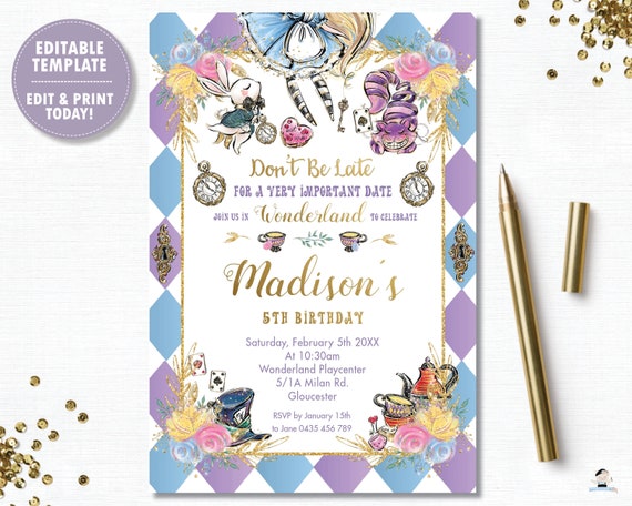 Alice In The Wonderland Invitations, Onederland Theme