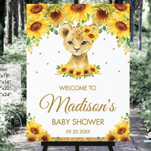 Sonnenblume Gelb Floral Niedlichen Löwen Cub Willkommensschild EDITIERBARE VORLAGE, Dschungel Baby Shower Geburtstag Poster Dekoration SOFORTIGER Download, LN4