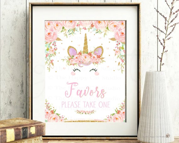 Unicorn Favors Please Take One Sign, Poster, Baby Shower, 1st Birthday Party, Christening, Watercolor, Pastel, Decoration, Pink Floral, UB1 Il_570xn