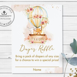 Heißluftballon Windelkarte, Vintage Pink Blush Floral, Dschungel Tiere Baby Mädchen Shower Insert Ticket, Diy Pdf INSTANT Download HB8