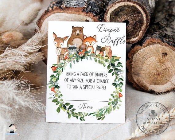 Woodland Animals Wreath Greenery Diaper Raffle Card, Chic Gender Neutral Shower Diaper Raffle Ticket Insert Diy Pdf INSTANT Download, WG3 Il_570xn