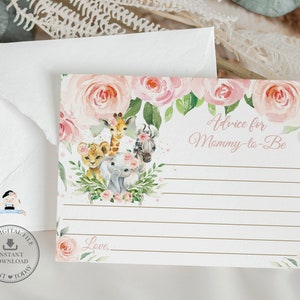 Consejos para que mamá sea imprimible con tarjeta de mensaje, Actividad de baby shower de Pink Floral Jungle Animals, Jirafa Elefante León, DESCARGA INSTANTÁNEA, JA6