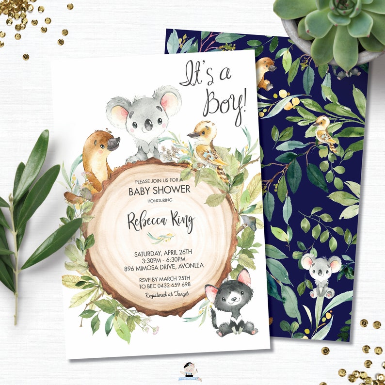 May include: A baby shower invitation with a blue and green woodland theme. The invitation features a koala, a platypus, a kookaburra, and a quokka. The text on the invitation reads "It's a Boy!" and "Please join us for a baby shower honoring Rebecca Ring".