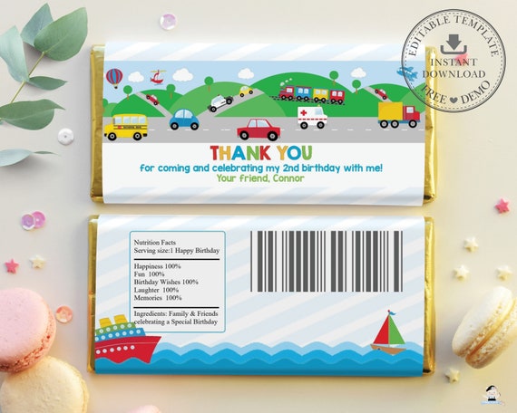 Transportation Birthday Chocolate Bar Wrappers, EDITABLE TEMPLATE, Hershey Aldi Favour Labels, Automobile, Car, Plane, Train, INSTANT, TR1 Il_570xn