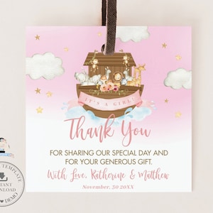 Noah's Arche Danke Geschenkanhänger Printable EDITIERBARE VORLAGE Rosa Mädchen 1