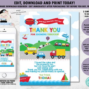 Transportation Birthday Thank You Card, Thank You Note, Automobile Party, Car, Plane, Train, Truck, Ship, Transport Digital Printable, TR1