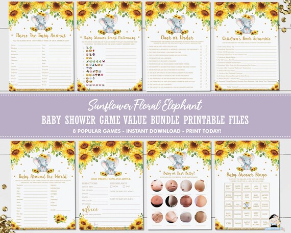 Sunflower Elephant Baby Shower Game Bundle, 8 GAMES, Baby Predictions Advice, Beer Belly Fun Activity Diy Pdf Printable INSTANT DOWNLOAD EP8 Il_570xn