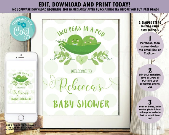 Two Peas in a Pod Welcome Sign, Twins Girl and Boy Baby Shower Poster, Two Peas in Pod Printable Decor, INSTANT EDITABLE TEMPLATE Corjl, TP1 Il_570xn