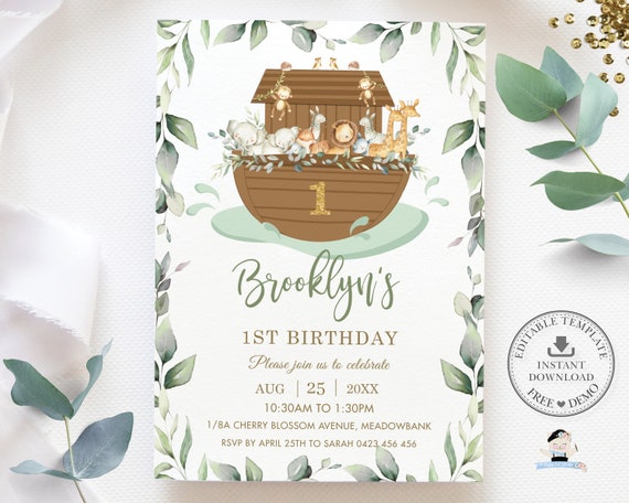 Noah's Ark Greenery Birthday Invitation, EDITABLE TEMPLATE, Chic Boy Girl 1st First Birthday Noahs Ark Cute Animals Invite Printable Pdf NA1 Il_570xn