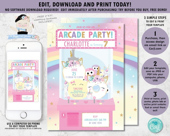 Arcade Party Invitation, Arcade Games Birthday Party Invite, Arcade Rainbow Unicorn Printable, Video Games, Digital EDITABLE TEMPLATE, AC1 Il_570xn