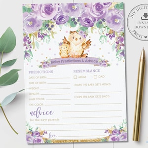 Baby Predictions and Advice Card, INSTANT DOWNLOAD, Chic Purple Floral Owl Woodland Baby Shower Fun Game Activity, Diy PDF Imprimable, OW3