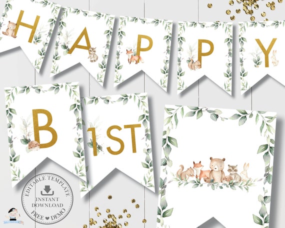 Woodland Animals Flag Banner, EDITABLE TEMPLATE, Chic Greenery Bunting Baby Shower 1st Birthday Decor Printable Pdf, INSTANT Download, WG12 Il_570xn