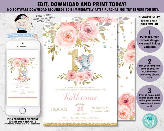 EDITABLE TEMPLATE Pink Floral Elephant 1st Birthday Invitation, Elephant Invite Instant Download, Elephant Printable, Girl 1st Birthday, PK2 Il_570xn