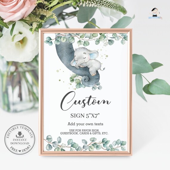 Elephant Custom Table Top Sign 5"x7", EDITABLE TEMPLATE, Eucalyptus Greenery Boy Baby Shower Welcome Favor Decoration, INSTANT Download EP10 Il_570xn